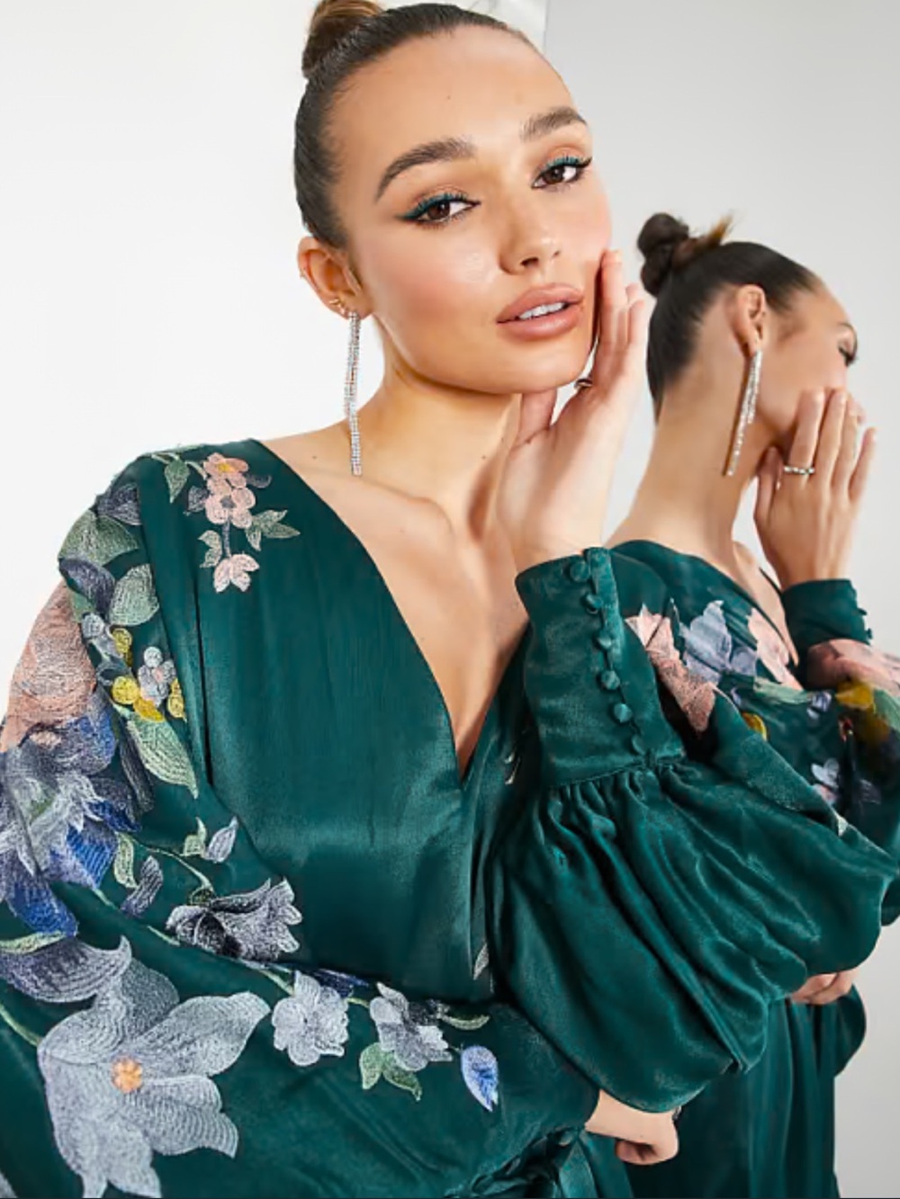 ASOS CURVE Size 20 Forest Green Floral Embroidered Satin Midi Dress - Picture 2 of 12